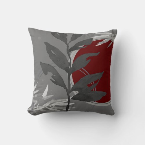 Dark Gray  Burgundy Abstract Watercolor Leaf  Throw Pillow