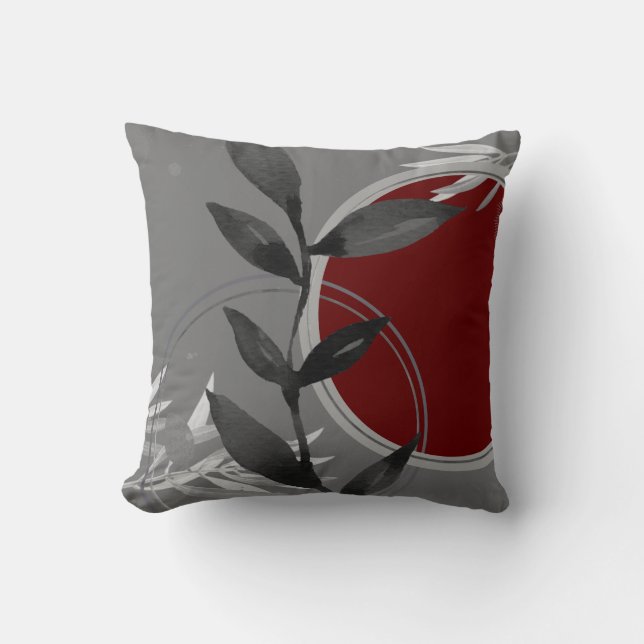 Dark Gray & Burgundy Zen Watercolor Leaves Throw Pillow (Front)