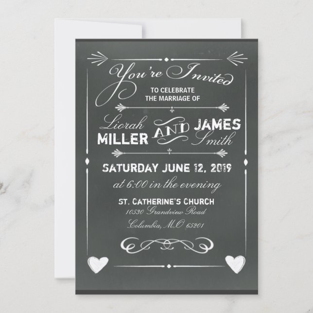 Dark Gray Chalkboard Wedding Invitation with heart (Front)