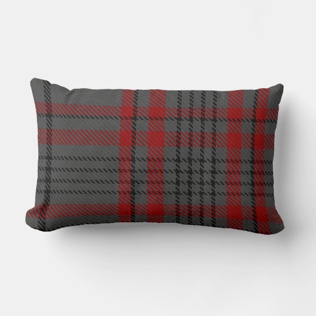 Dark Gray Charcoal Black Red Tartan Plaid Lumbar Pillow (Front)