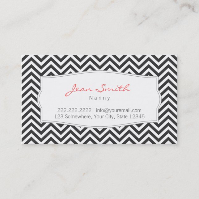Dark Gray Chevron Stripes Nanny Business Card (Front)