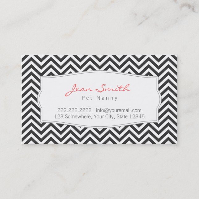 Dark Gray Chevron Stripes Pet Nanny Business Card (Front)