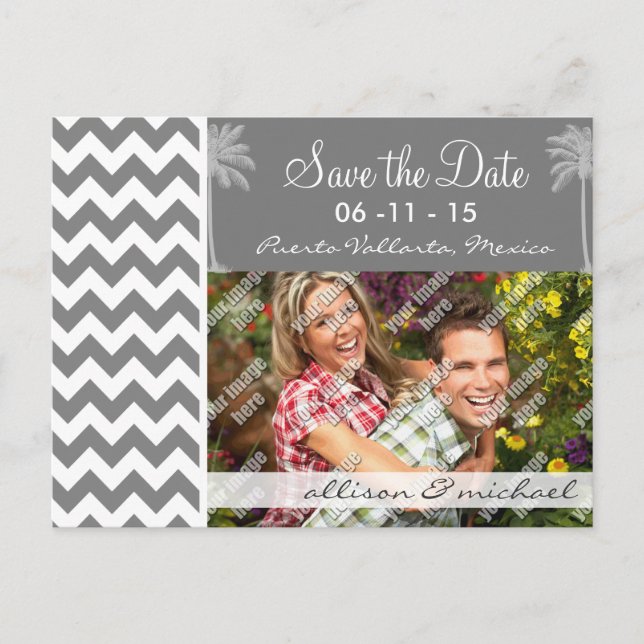 Dark Gray Chevron; Tropical Palm Announcement Postcard (Front)