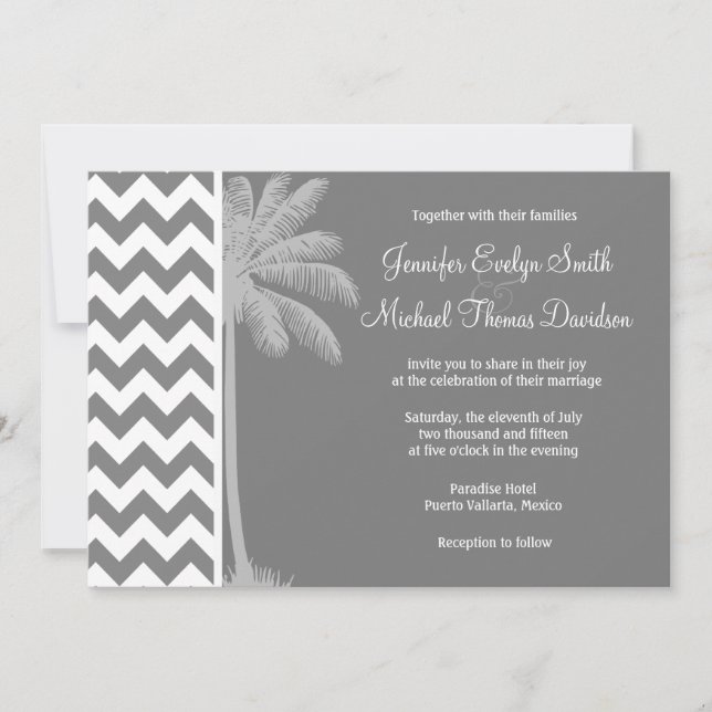 Dark Gray Chevron; Tropical Palm Invitation (Front)