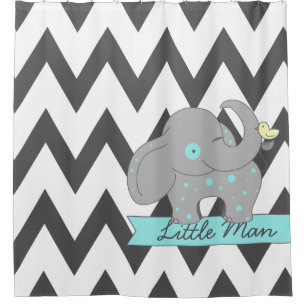 Dark Gray Chevron with Blue Polka-dots Elephant Shower Curtain