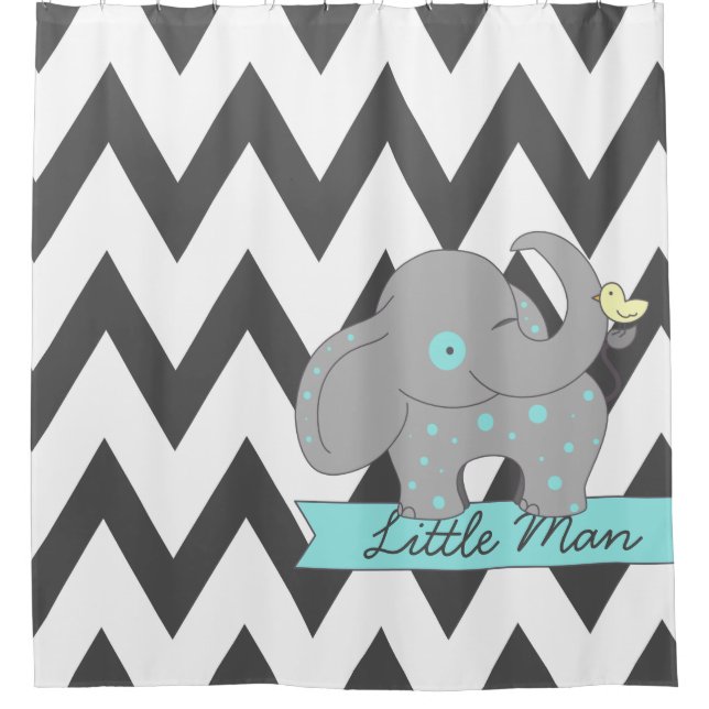 Dark Gray Chevron with Blue Polka-dots Elephant Shower Curtain (Front)