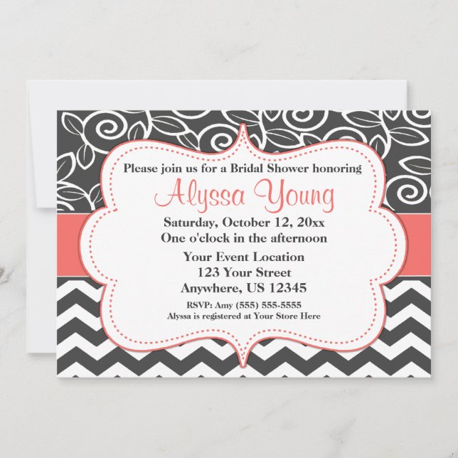 Dark Gray Coral Chevron Scroll Invitation (Front)