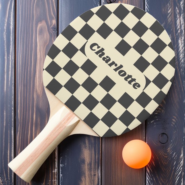 Dark Gray & Cream Checker with Name Ping Pong Paddle (Creator Uploaded)