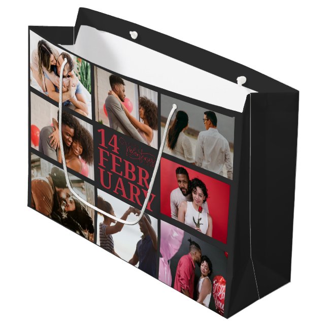 Dark Gray | Custom Photo Happy Valentine's Day Large Gift Bag (Front Angled)