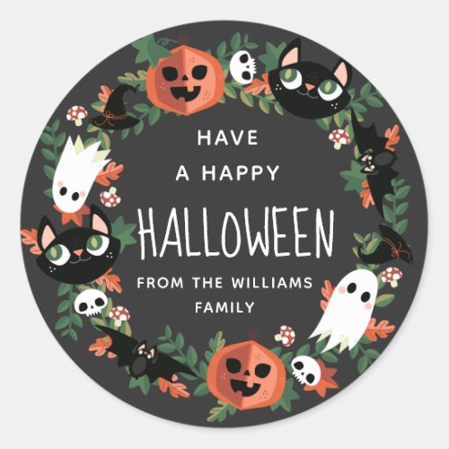 Dark Gray Cute Spooky Happy Halloween Wreath Classic Round Sticker