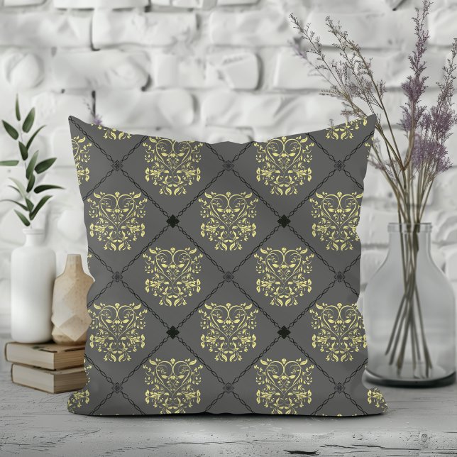 Dark Gray Diamond Damask Pattern Throw Pillow (Creator Uploaded)
