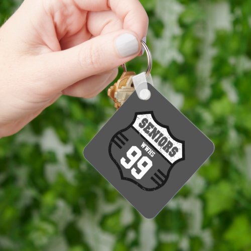 Dark Gray Distressed Seniors Road Sign Keychain