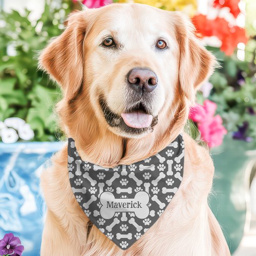 Dark Gray Dog Bones Paw Print Custom Name Pet Bandana Collar