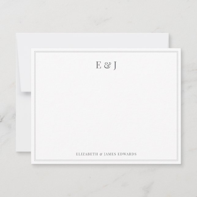 Dark Gray Double Border Elegant Couple Monogram Note Card (Front)