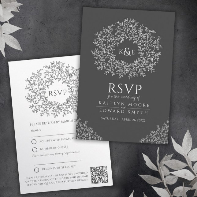 Dark gray drawn leaf monogram RSVP wedding QR Code Enclosure Card (Creator Uploaded)