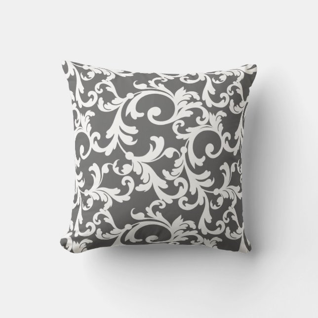Dark Gray Elegant Damask Throw Pillow (Front)