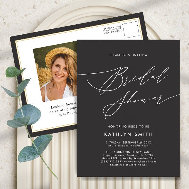 Dark Gray Elegant Script Minimalist Bridal Shower Invitation Postcard (Creator Uploaded)