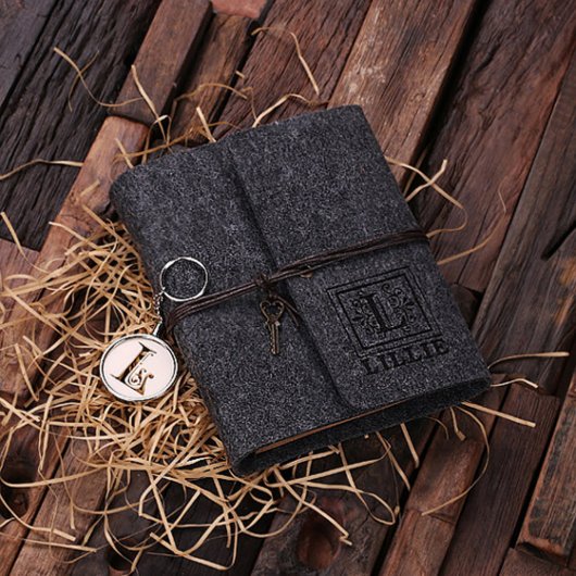 Dark Gray Engraved Round Keychain & Felt Notebook (Top)
