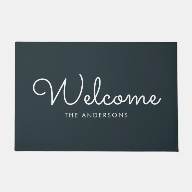 Dark Gray Fancy Script "Welcome" Personalized Doormat (Front)
