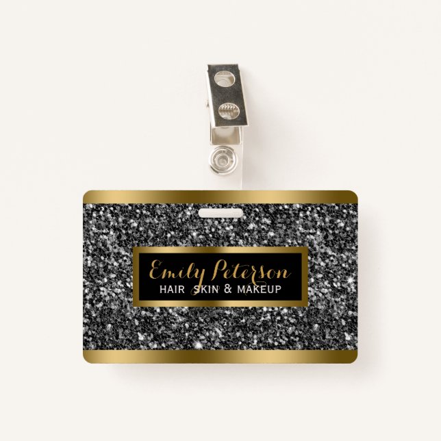 Dark Gray Faux Glitter Gold Accents Badge (Front with Clip)