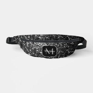 Dark gray faux glitter sparkles Monogram Fanny Pack