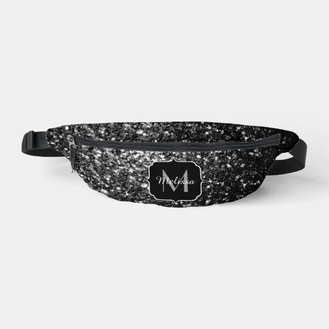 Dark gray faux glitter sparkles Monogram Fanny Pack (Front)
