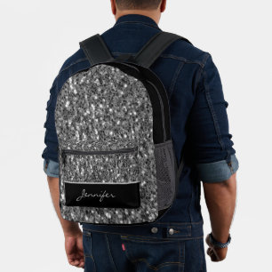 Dark gray faux glitters sparkles black Custom name Printed Backpack