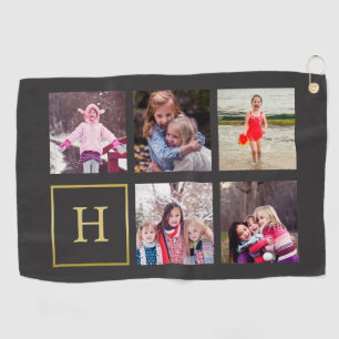 Dark Gray & Faux Gold Photo Collage Monogram Golf Towel