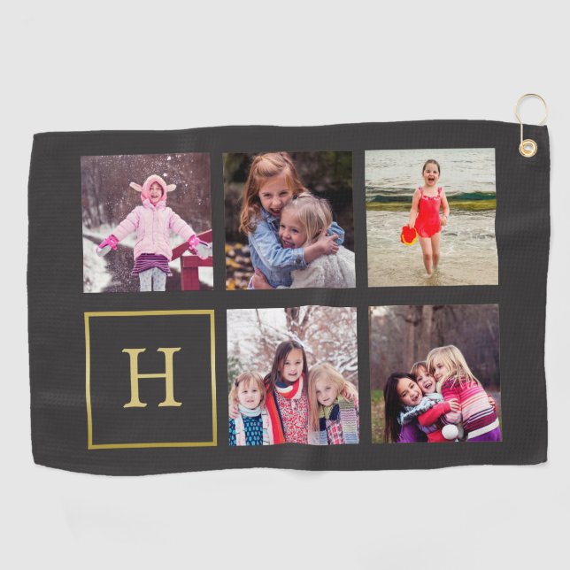 Dark Gray & Faux Gold Photo Collage Monogram Golf Towel (Horizontal)