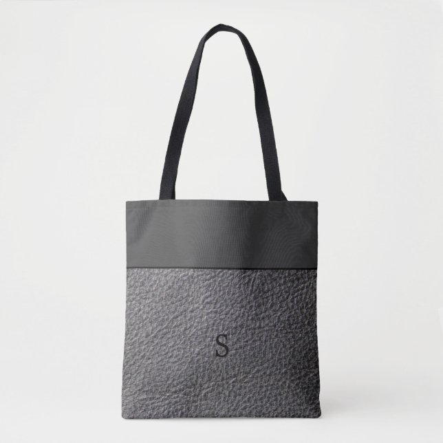 Dark gray faux leather and dark gray monogrammed tote bag (Front)