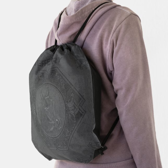 Dark-gray faux leather horse head drawstring bag (Insitu)