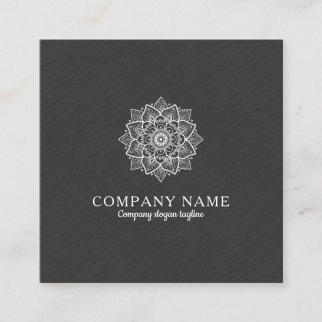 Dark gray Faux Linen & White Mandala Square Business Card (Front)