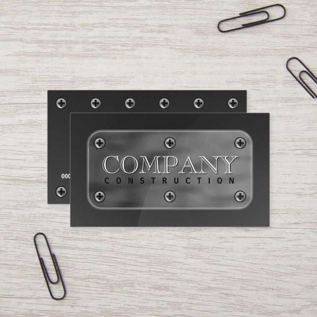 Dark Gray Faux Steel Metal Plate and Screws Business Card (Front/Back In Situ)