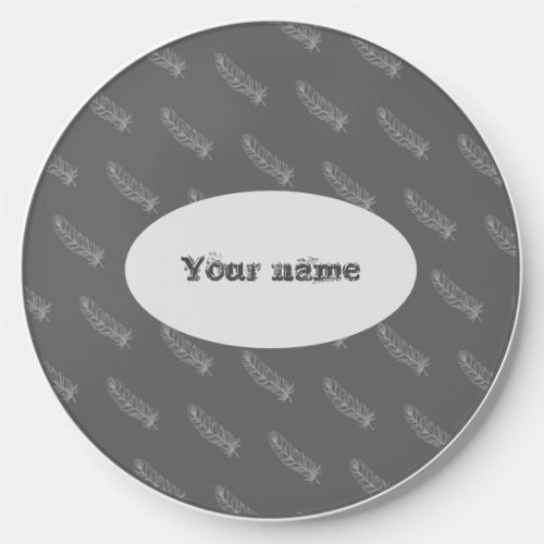 Dark Gray Feather Your Name Print Elegant Modern Wireless Charger