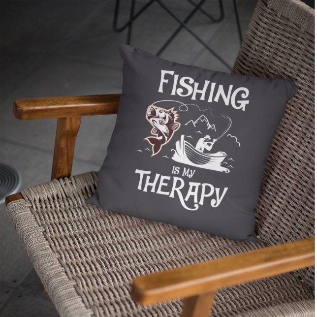 Dark Gray Fishing Is My Therapy Row Boat Throw Pillow (Creator Uploaded)
