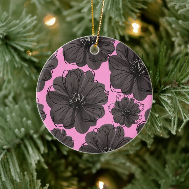 Dark Gray Flowers  Ceramic Ornament (Tree)