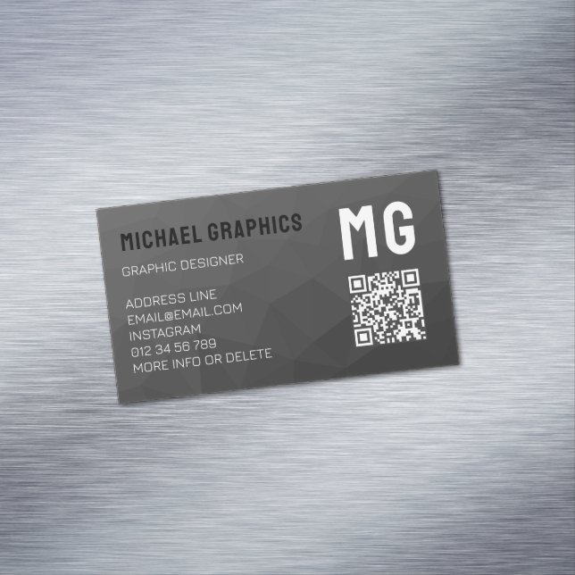 Dark gray geometric mesh pattern QR code  Business Card Magnet (In Situ)