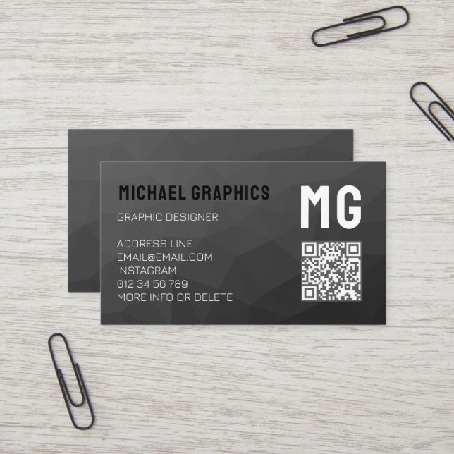Dark Gray geometric mesh pattern QR code Monogram Business Card (Front/Back In Situ)