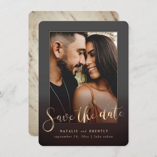 Dark Gray Gold Script  Marble Photo Overlay Save The Date