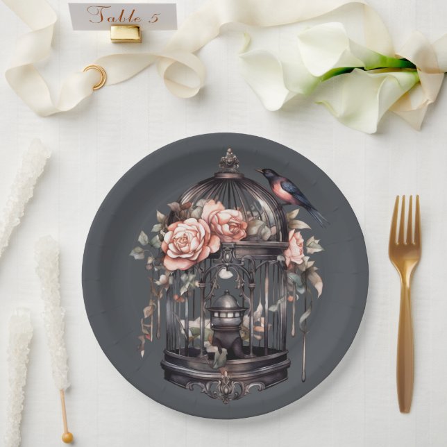 Dark Gray Gothic Black Pink Birdcage  Shower Paper Plates (Wedding)
