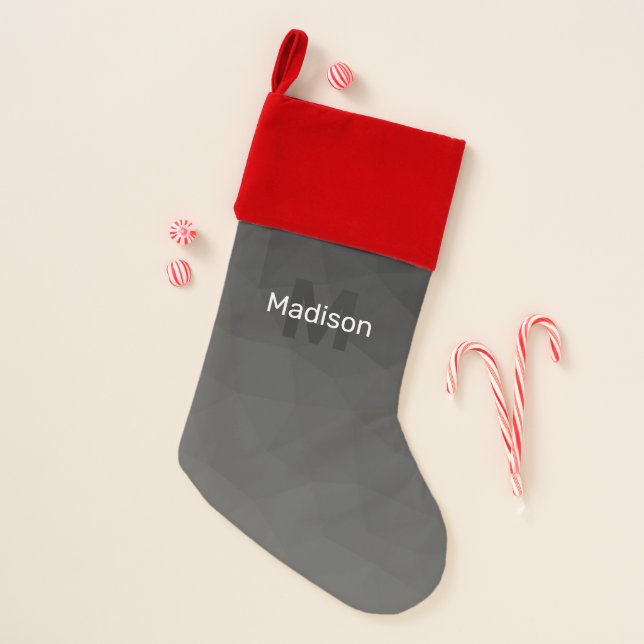 Dark gray gradient geometric mesh Monogram Christmas Stocking (Front)