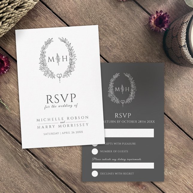 Dark gray hand drawn leaf monogram RSVP wedding (Creator Uploaded)