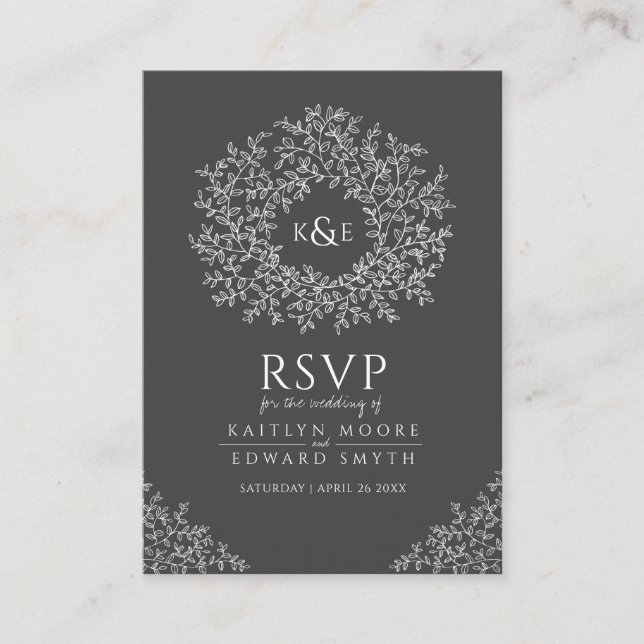 Dark gray hand drawn leaf monogram RSVP wedding Enclosure Card (Front)