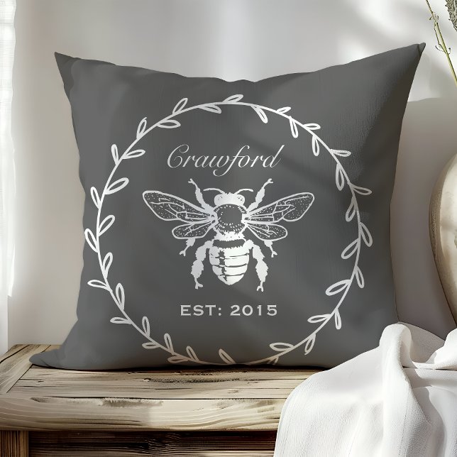 Dark Gray Honey Bee Laurel Honeycomb Monogram Throw Pillow (Creator Uploaded)