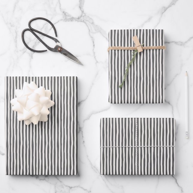 Dark Gray & Ivory Wonky Stripes Wrapping Paper Sheets (Front)