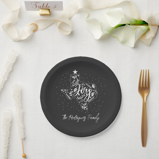 Dark Gray Joy Holiday Leaves Texas Shape Paper Plates (Wedding)