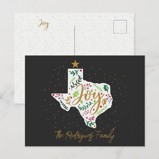 Dark Gray Joy Holiday Leaves Texas Shape Postcard (Front/Back)