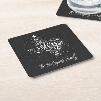 Dark Gray Joy Holiday Leaves Texas Shape Square Paper Coaster