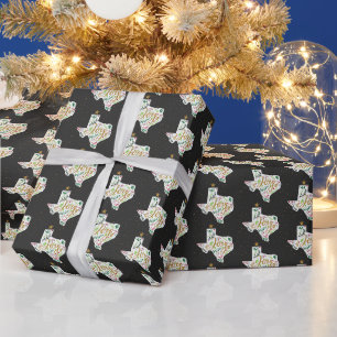 Dark Gray Joy Holiday Leaves Texas Shape Wrapping Paper