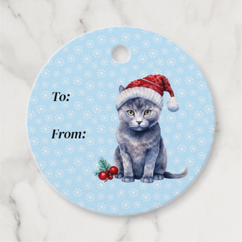 Dark Gray Kitty Wearing a Red Winter Pompom Hat Favor Tags